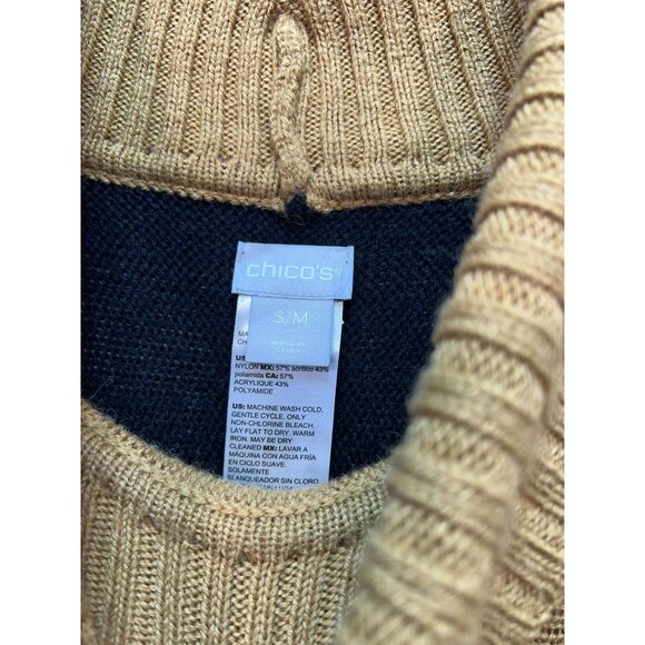 Chico's Women's Turtleneck Poncho Sweater Knit Stretch Size S/M Camel Black - Picture 3 of 11